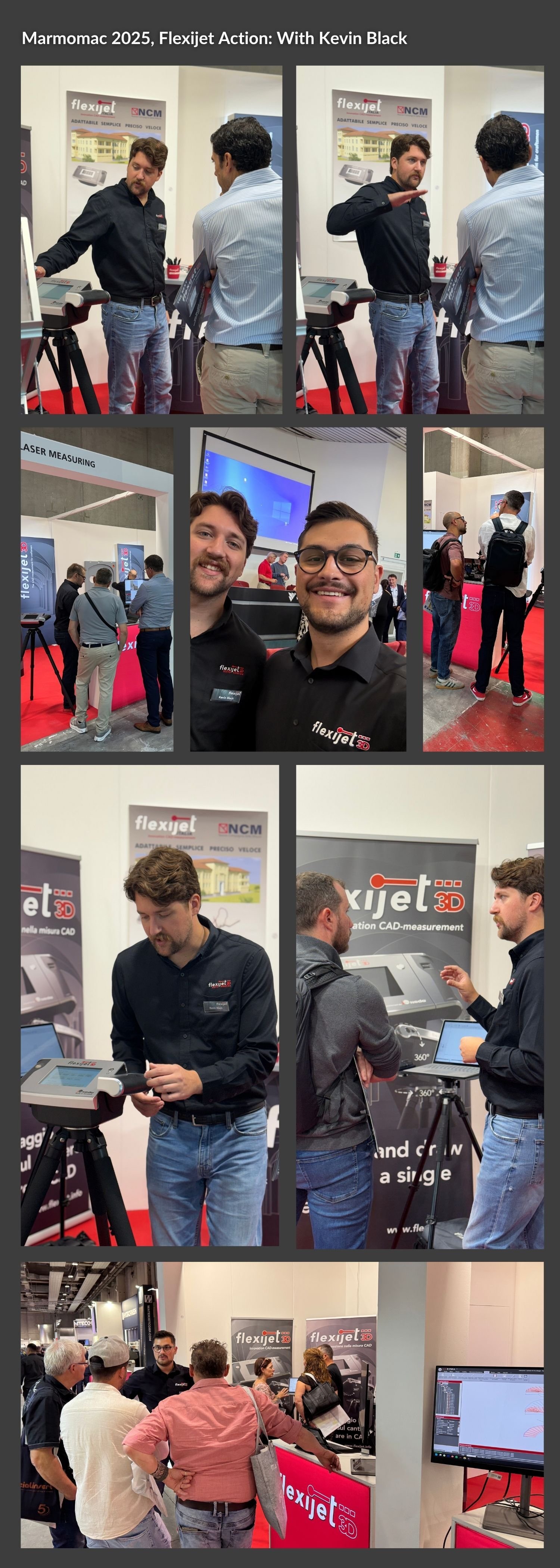 Marmomac 2025 images of Kevin with attendees at the booth, Flexijet 3d in action demon's conversations montage. 