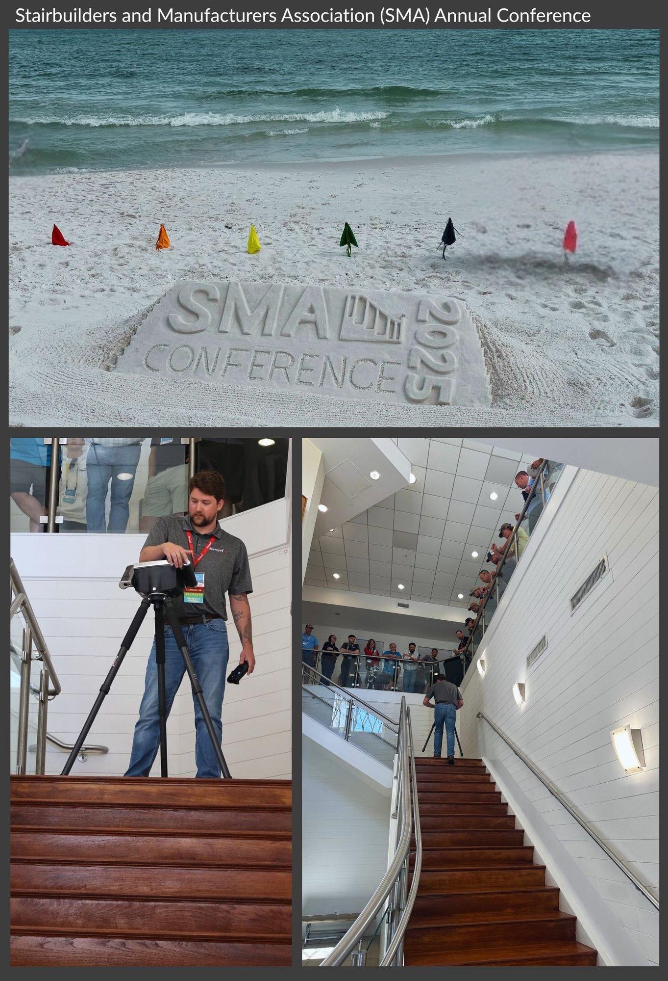3 x image montage - Stairbuilders and Manufacturers Association logo in sand on the beach, images of Kevin giving Demo on Stairs to Delegates