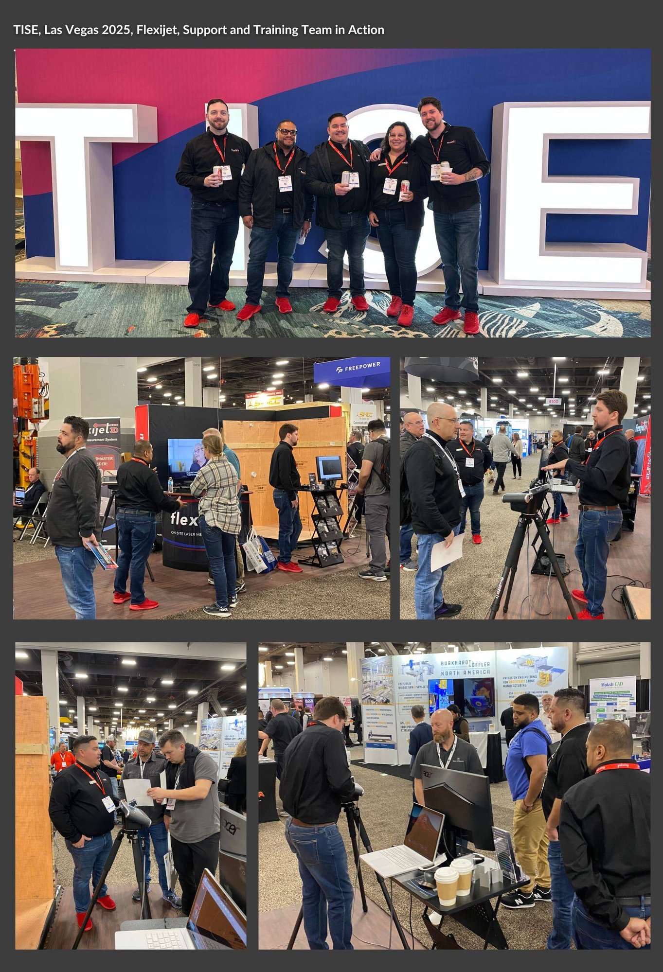 Montage of 5 images, Support and Training Team front of TISE sign top, images of team in action, doing demos at booth with delegates.