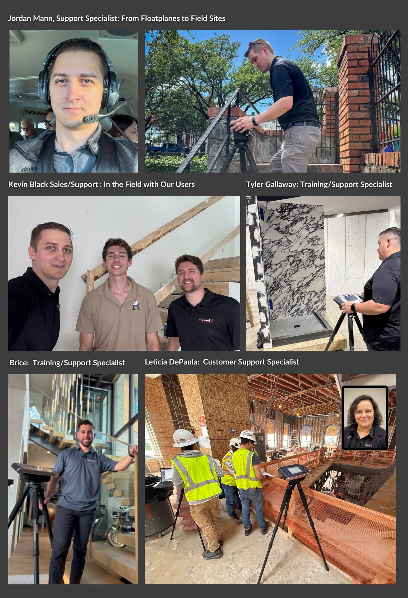 Montage of images: the Flexijet Support & Training Team in the field, with Flexijet users, demo's and training. Jordan, Kevin, Tyler, Brice and Leticia. Montage of images: the Flexijet Support & Training Team in the field, with Flexijet users, demo's and training. Jordan, Kevin, Tyler, Brice and Leticia.